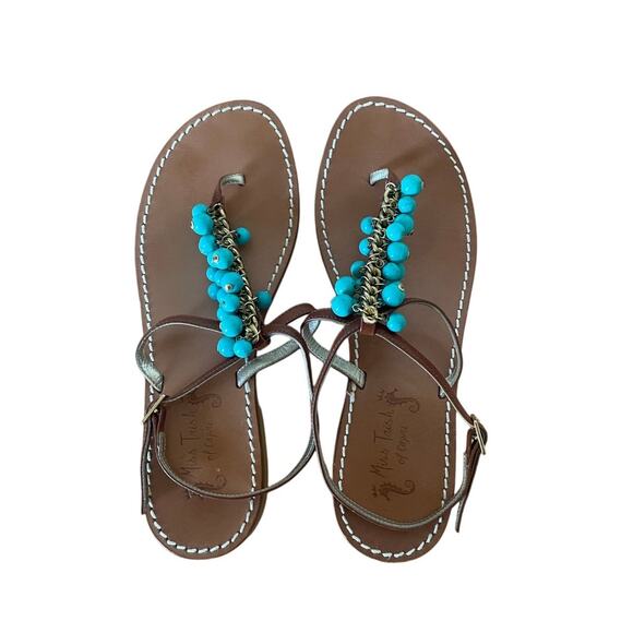 Miss Trish of Capri Turquoise & Gold Beaded Leather Sandals Size 39.5/ US 9.5 - Picture 3 of 9